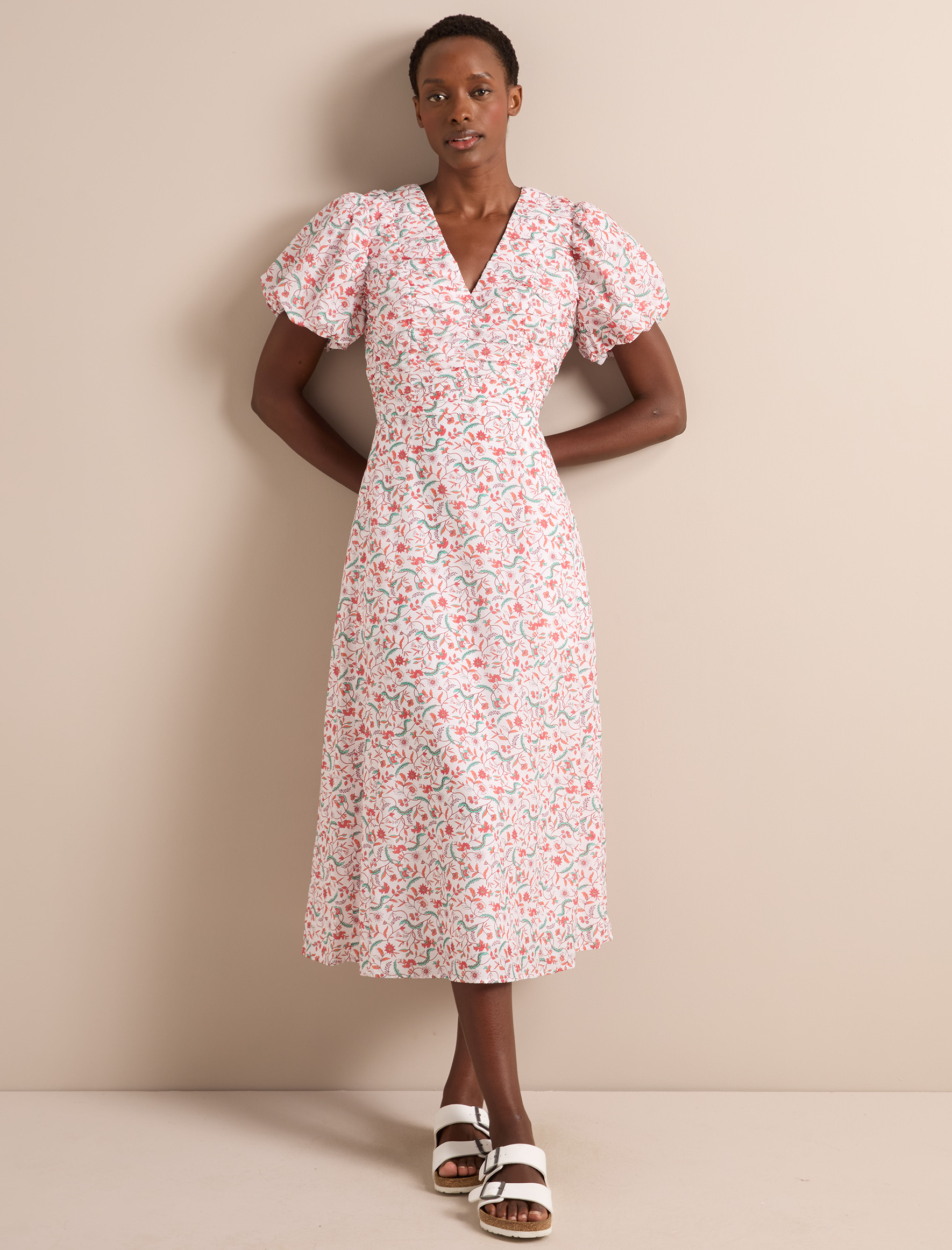 Elisa Silk Blend Midi Dress - Red Trailing Feather Print