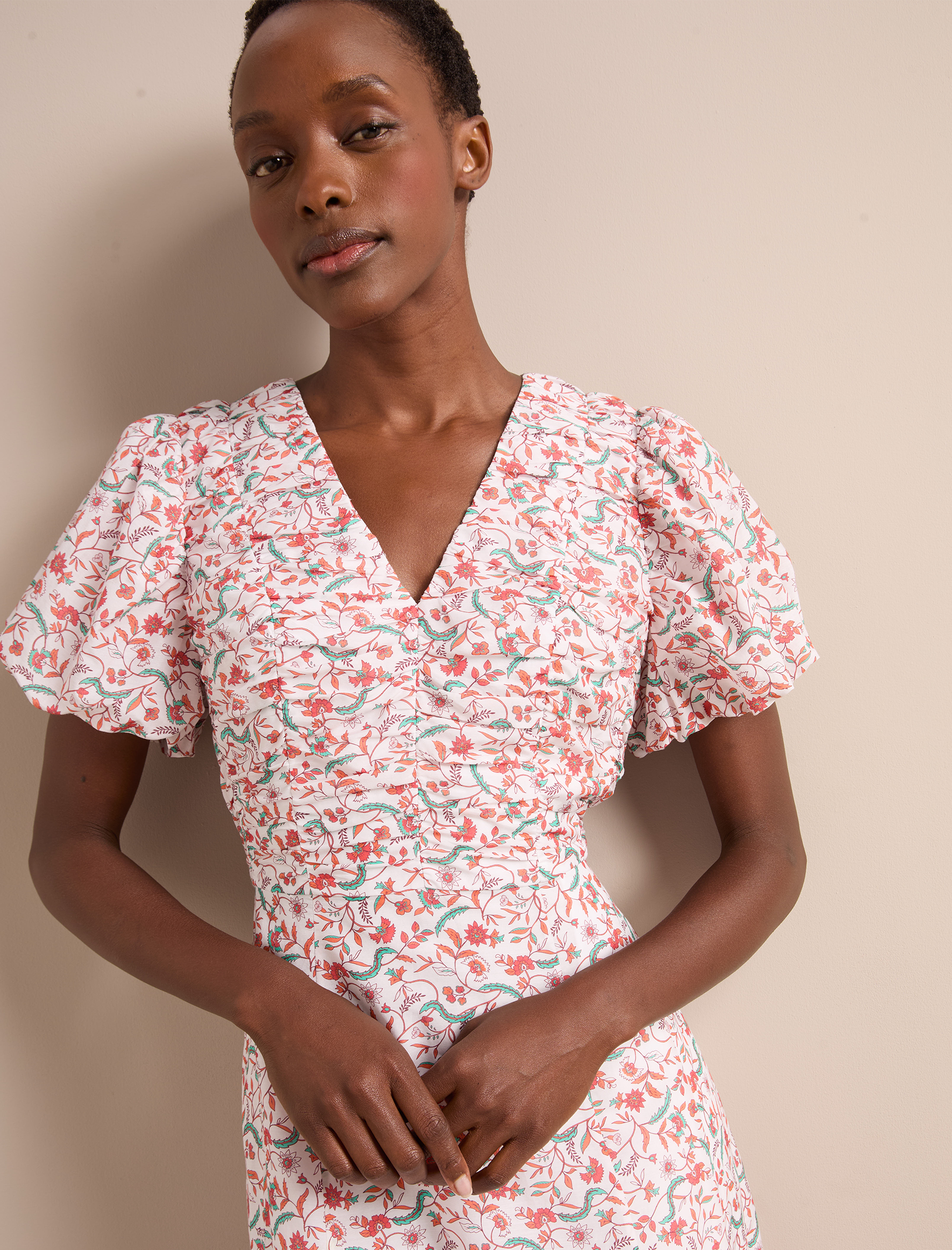 Elisa Silk Blend Midi Dress - Red Trailing Feather Print - Image 4